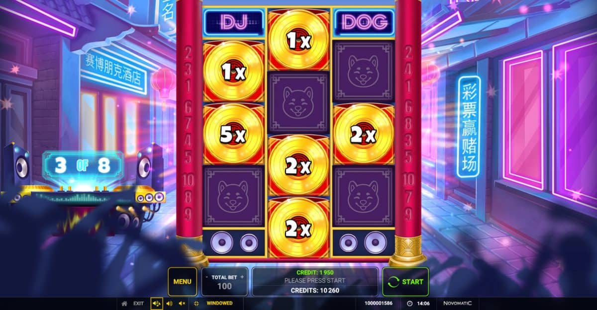 DJ Dog reel stage showing the music-themed game layout